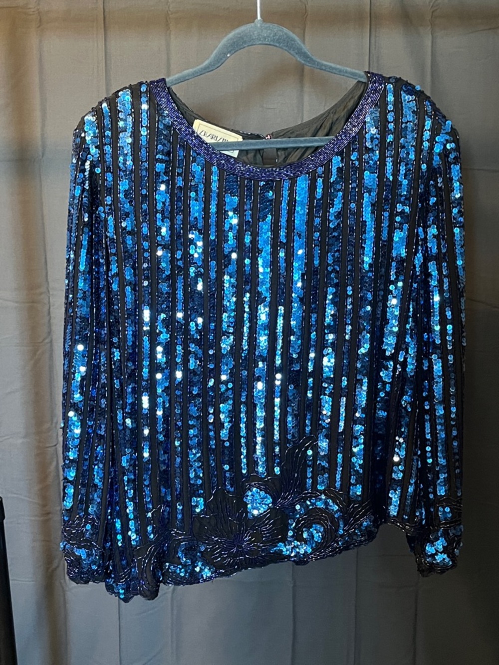 Caren Charles Charisma Blue & Black Sequin Beaded Blouse, Size XXL